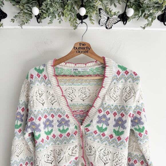 Zara Cottage Core Pastel Floral Crochet Cardigan Small 22-3179 - Picture 3 of 5